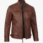 Men's Biker Style Cognac Leather Jacket - Quilted Shoulder