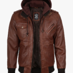Mens Real Leather Cognac Bomber Jacket With Removable Hood