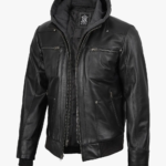 Men's Real Leather Black Bomber Jacket with Removable Hood