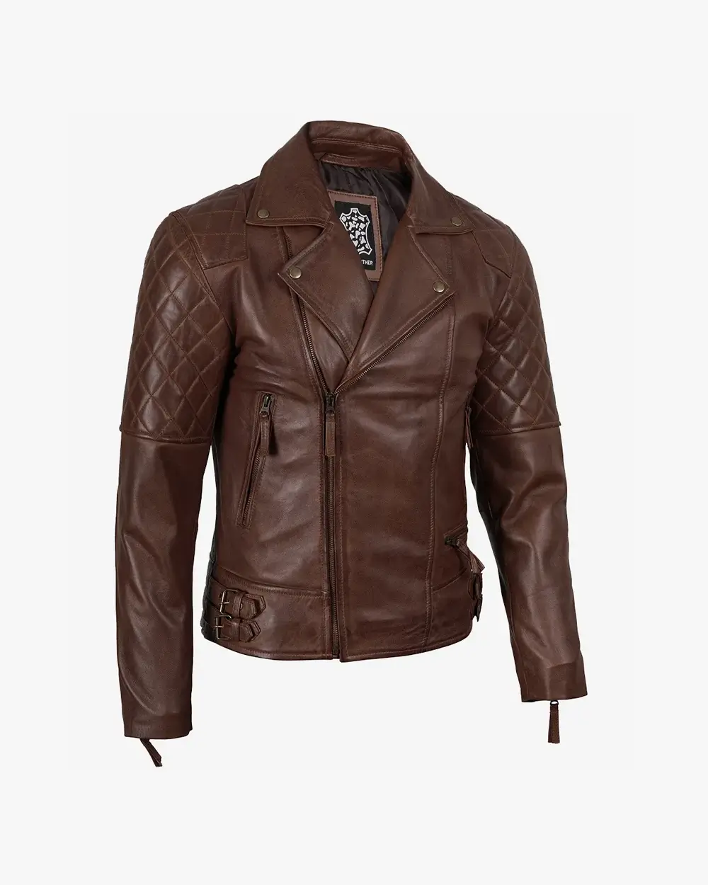 Men's Real Leather Asymmeterical Cognac Biker Style Jacket - Image 3