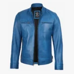 Mens Real Leather Distressed Blue Biker Style Jacket