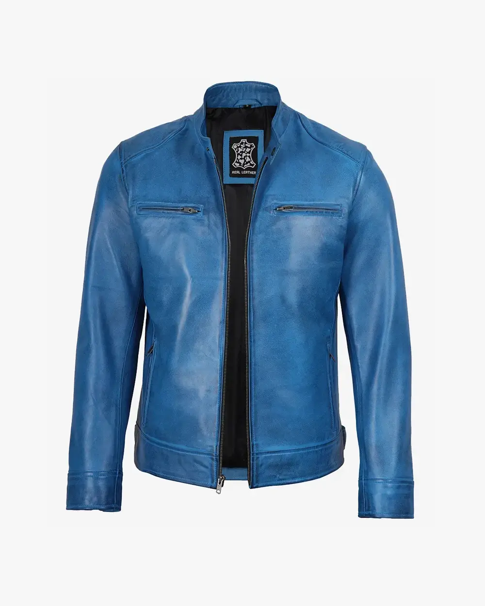 Mens Real Leather Distressed Blue Biker Style Jacket