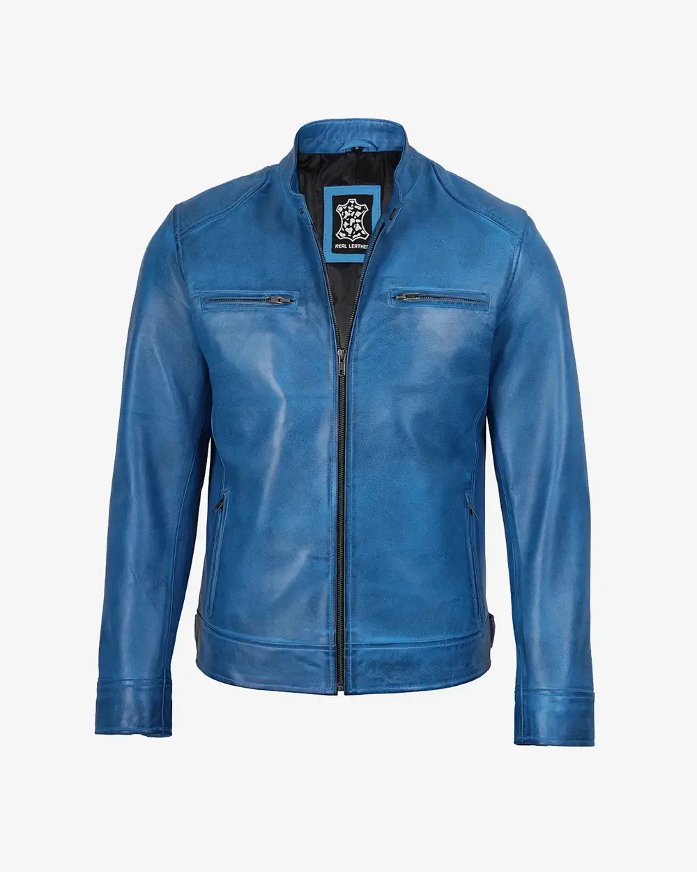 Mens Real Leather Distressed Blue Biker Style Jacket - Image 3