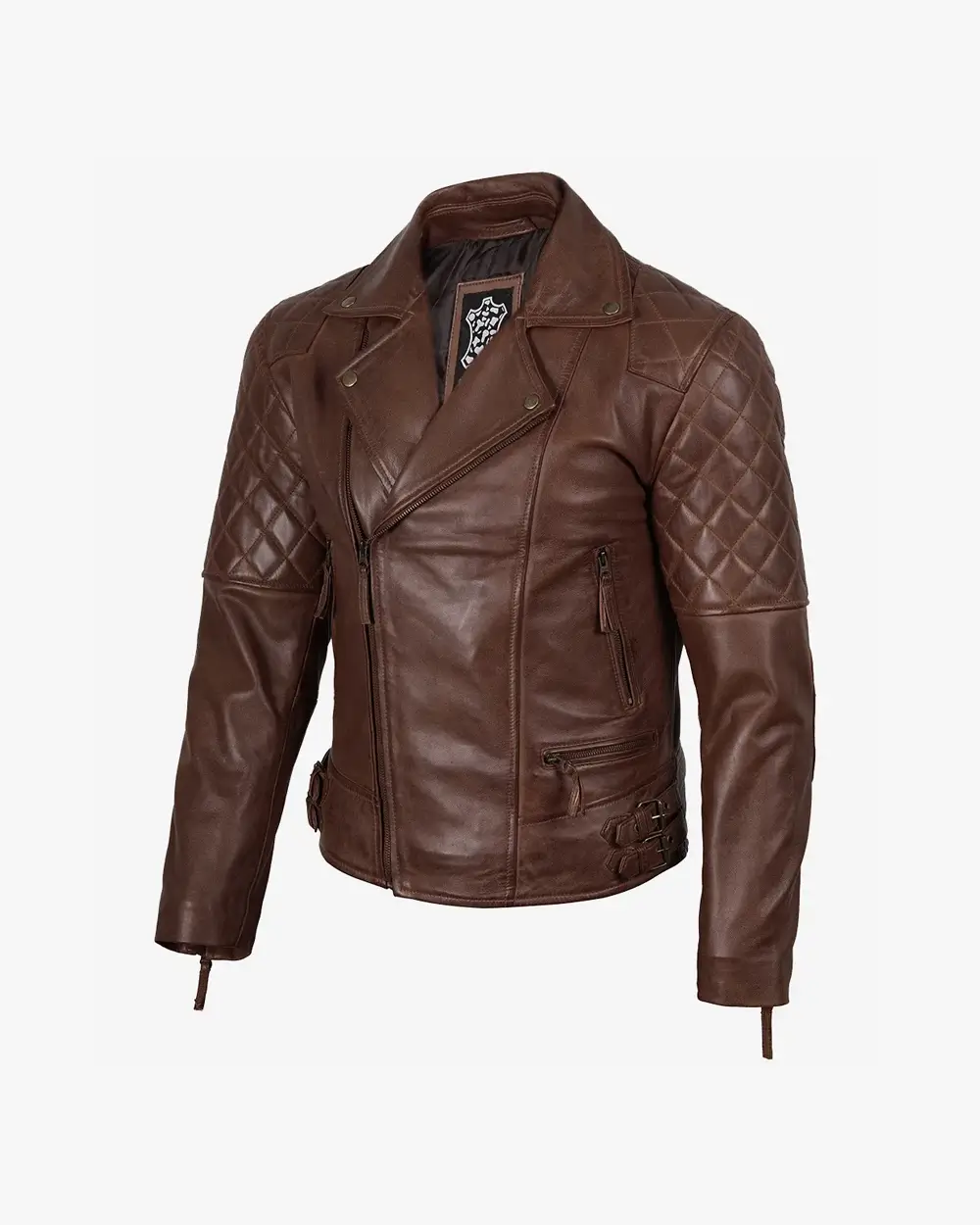 Men's Real Leather Asymmeterical Cognac Biker Style Jacket - Image 2