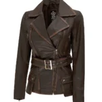 Womens Distressed Brown Long Biker Style Leather Jacket