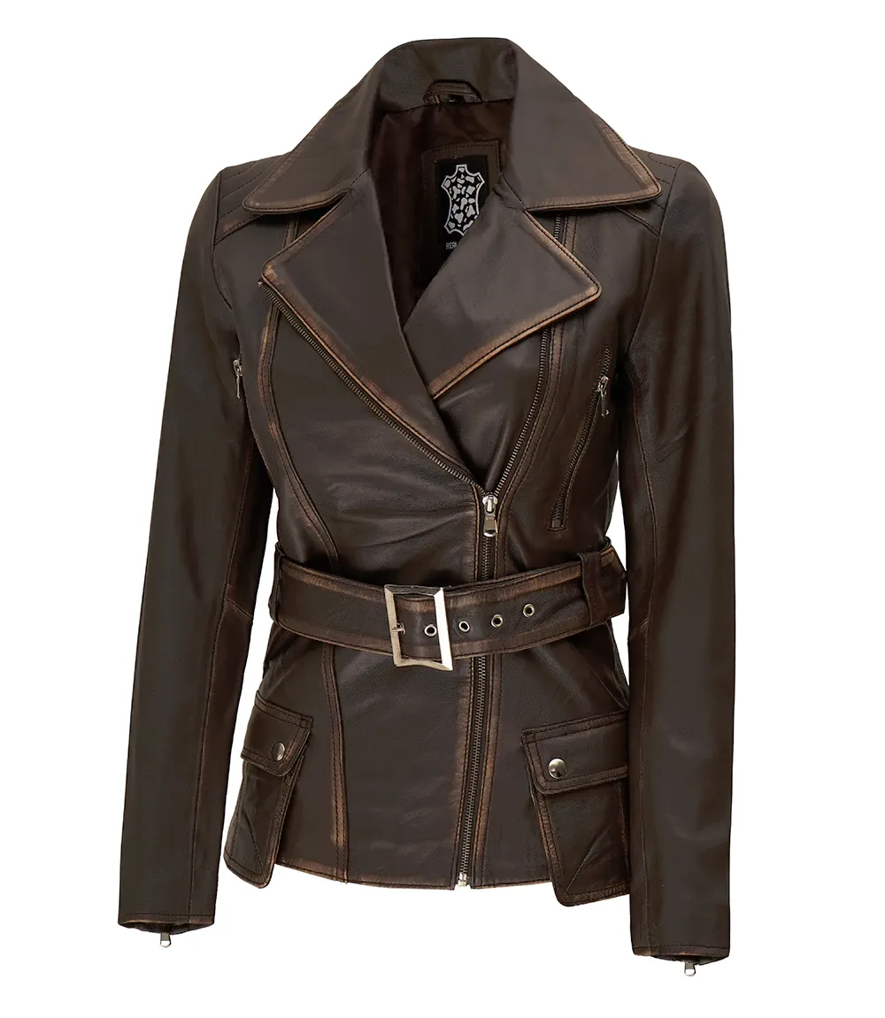 Womens Distressed Brown Long Biker Style Leather Jacket