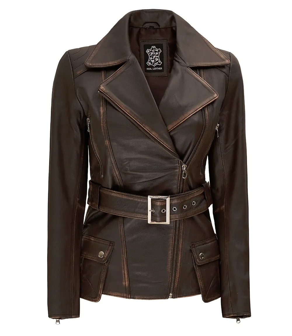 Womens Distressed Brown Long Biker Style Leather Jacket - Image 3