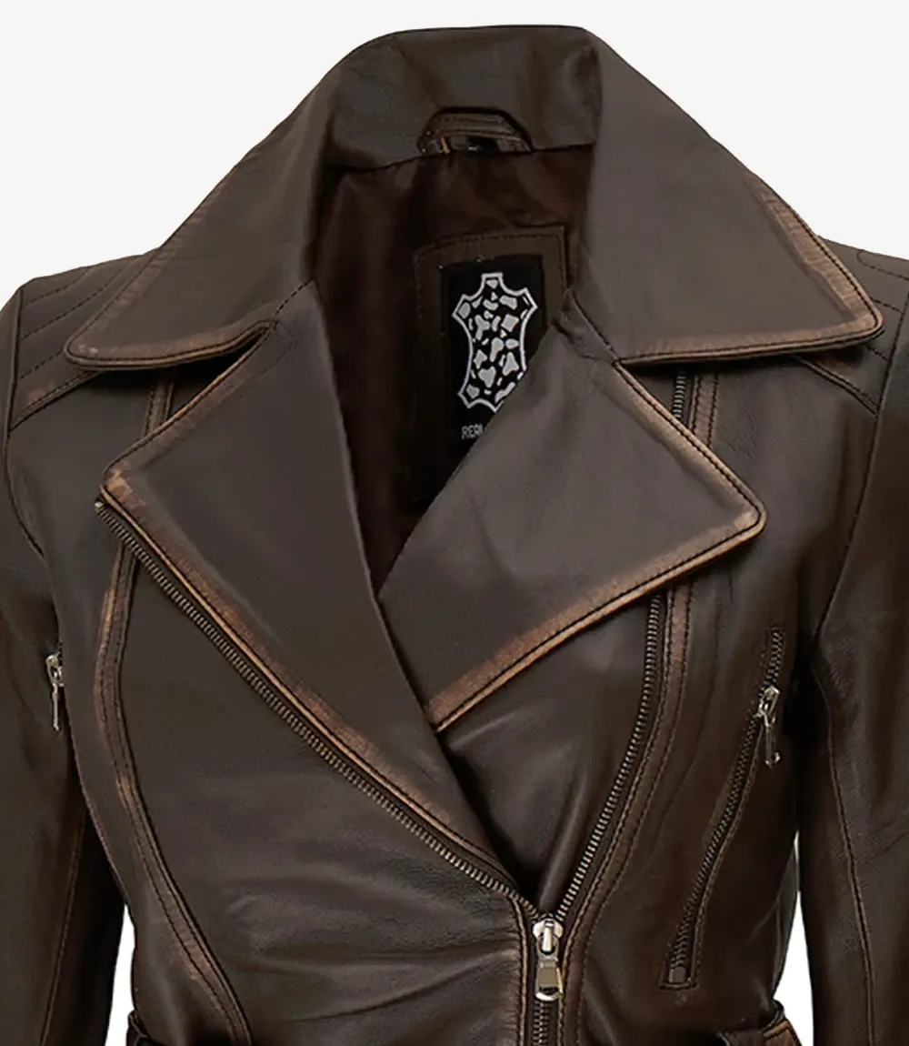 Womens Distressed Brown Long Biker Style Leather Jacket - Image 6
