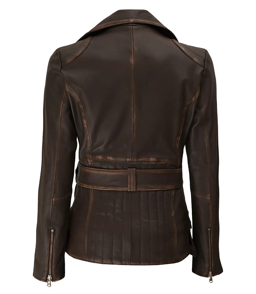 Womens Distressed Brown Long Biker Style Leather Jacket - Image 2