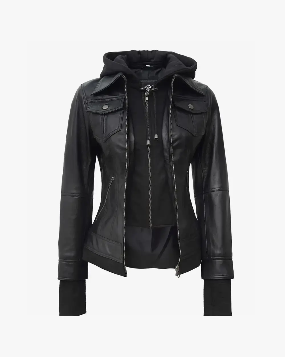 The Céleste: Womens Black Bomber Leather Jacket with Removable Hood - Image 3