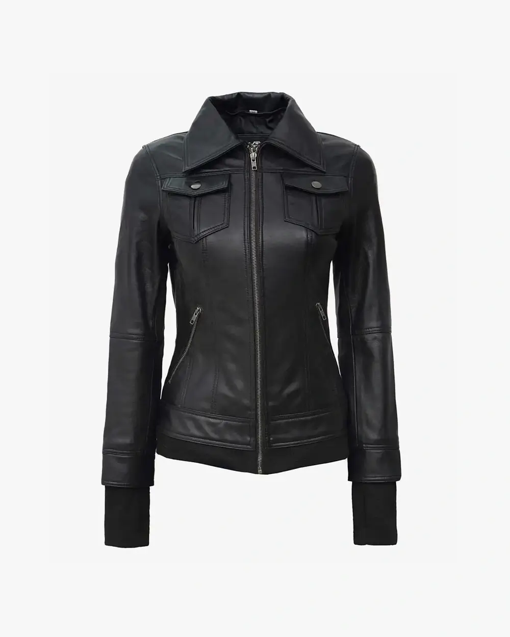 The Céleste: Womens Black Bomber Leather Jacket with Removable Hood - Image 2