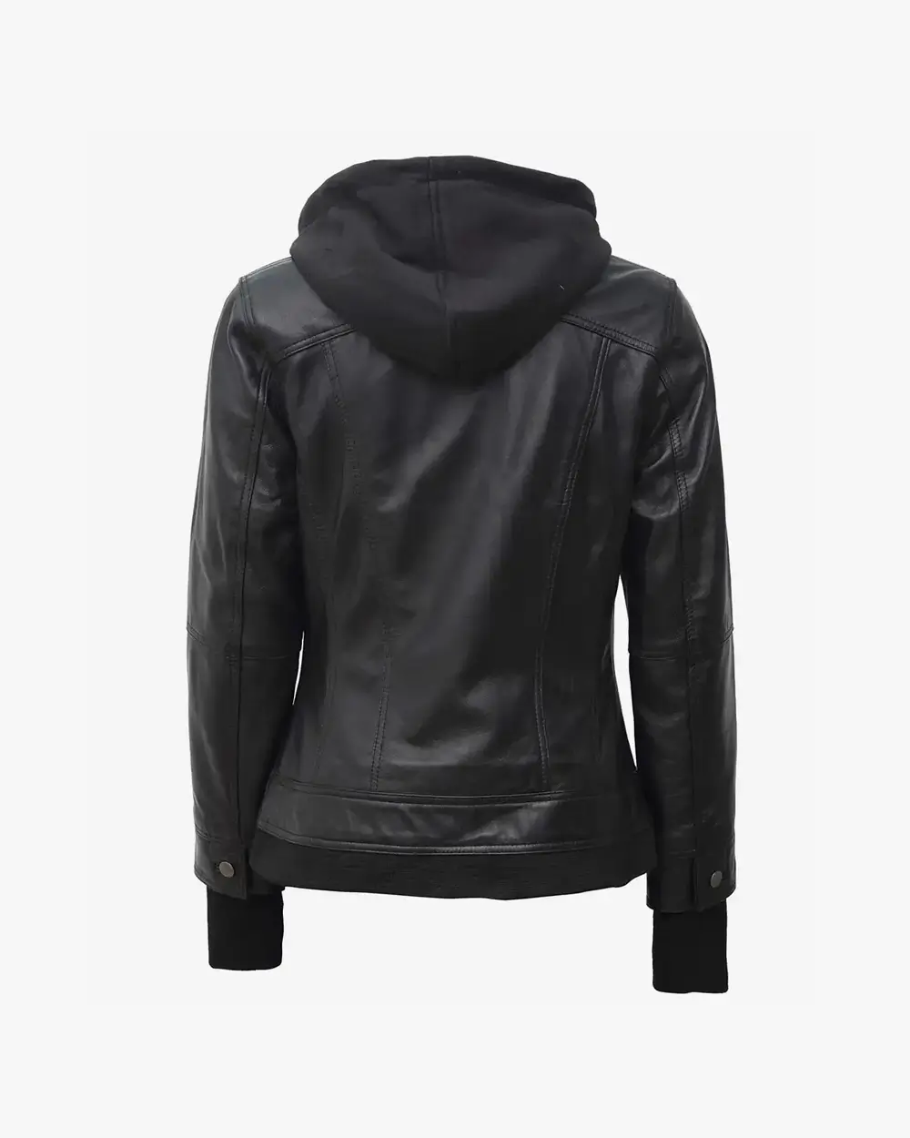 The Céleste: Womens Black Bomber Leather Jacket with Removable Hood - Image 7