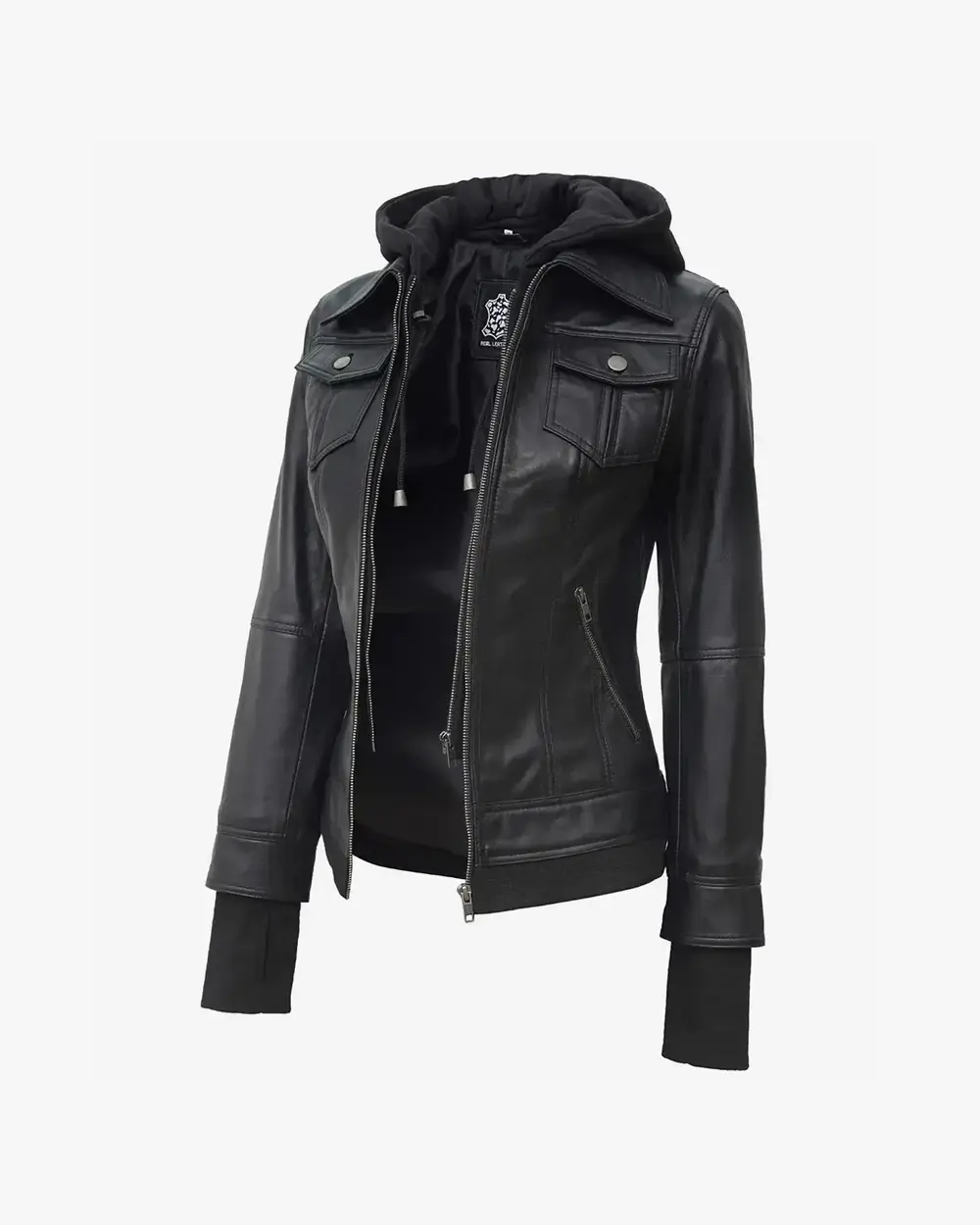 The Céleste: Womens Black Bomber Leather Jacket with Removable Hood