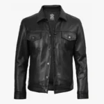 Mens Four Pockets Black Leather Trucker Jacket
