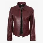 Womens Shirt Collar Burgundy Leather Jacket
