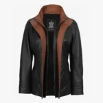 Womens High-Collar Black Leather Jacket With Brown Details