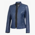Women's Blue Biker Style Leather Jacket - Modern Fit