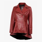 Women's Red Leather Peplum Jacket with Asymmetrical Zip Closure
