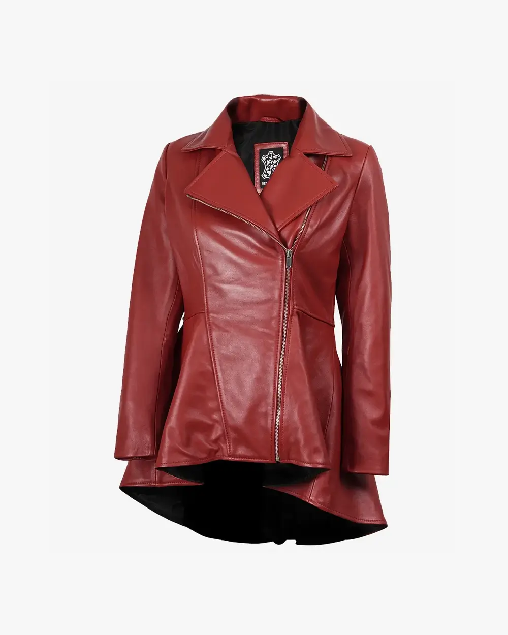Women's Red Leather Peplum Jacket with Asymmetrical Zip Closure