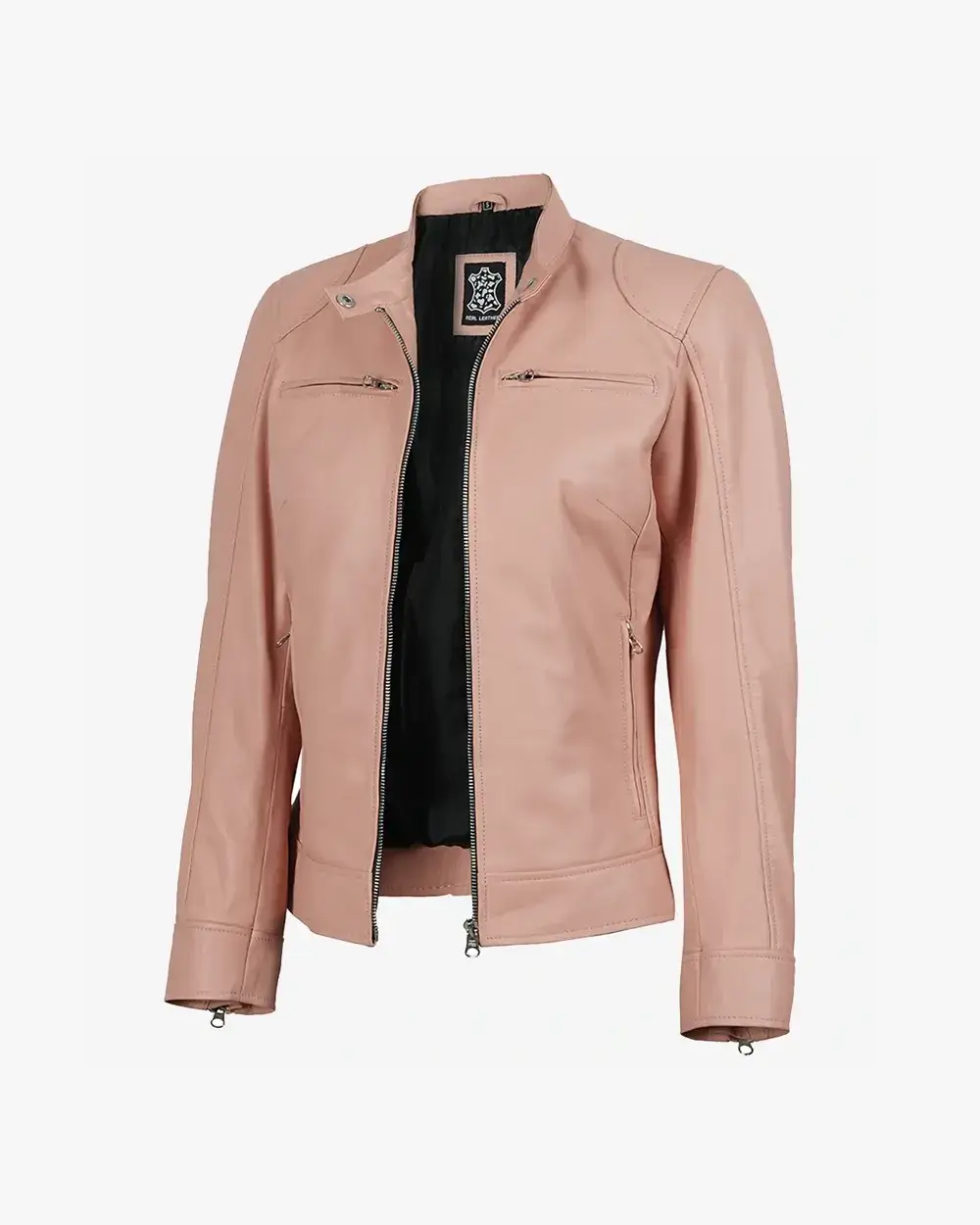 Dodge Light Pink Biker Style Leather Jacket for Women