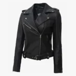 Margaret Womens Black Biker Style Leather Jacket With Belt