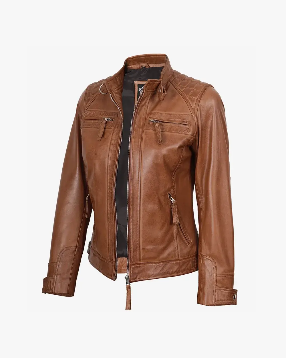 Womens Real Lambskin Leather Tan Quilted Biker Style Jacket