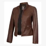 Womens Real Leather Cognac Waxed Biker Style Jacket