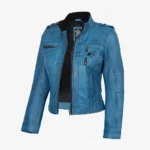 Women's Blue Waxed Lambskin Leather Biker Style Jacket