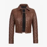 Womens Quilted Cropped Cognac Leather Jacket