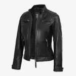 Womens Black Leather Biker Style Jacket - Quilted Shoulder