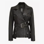 Women's Real Leather Black Belted Long Biker Style Jacket