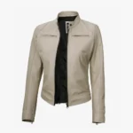 Dodge Beige Biker Style Leather Jacket for Women
