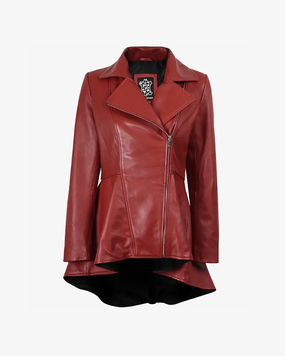 Women's Red Leather Peplum Jacket with Asymmetrical Zip Closure - Image 2