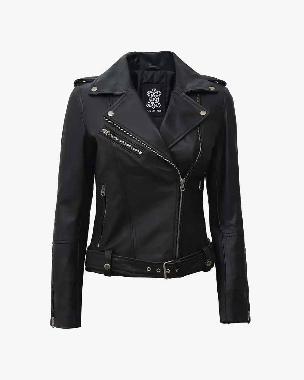 Margaret Womens Black Biker Style Leather Jacket With Belt - Image 2