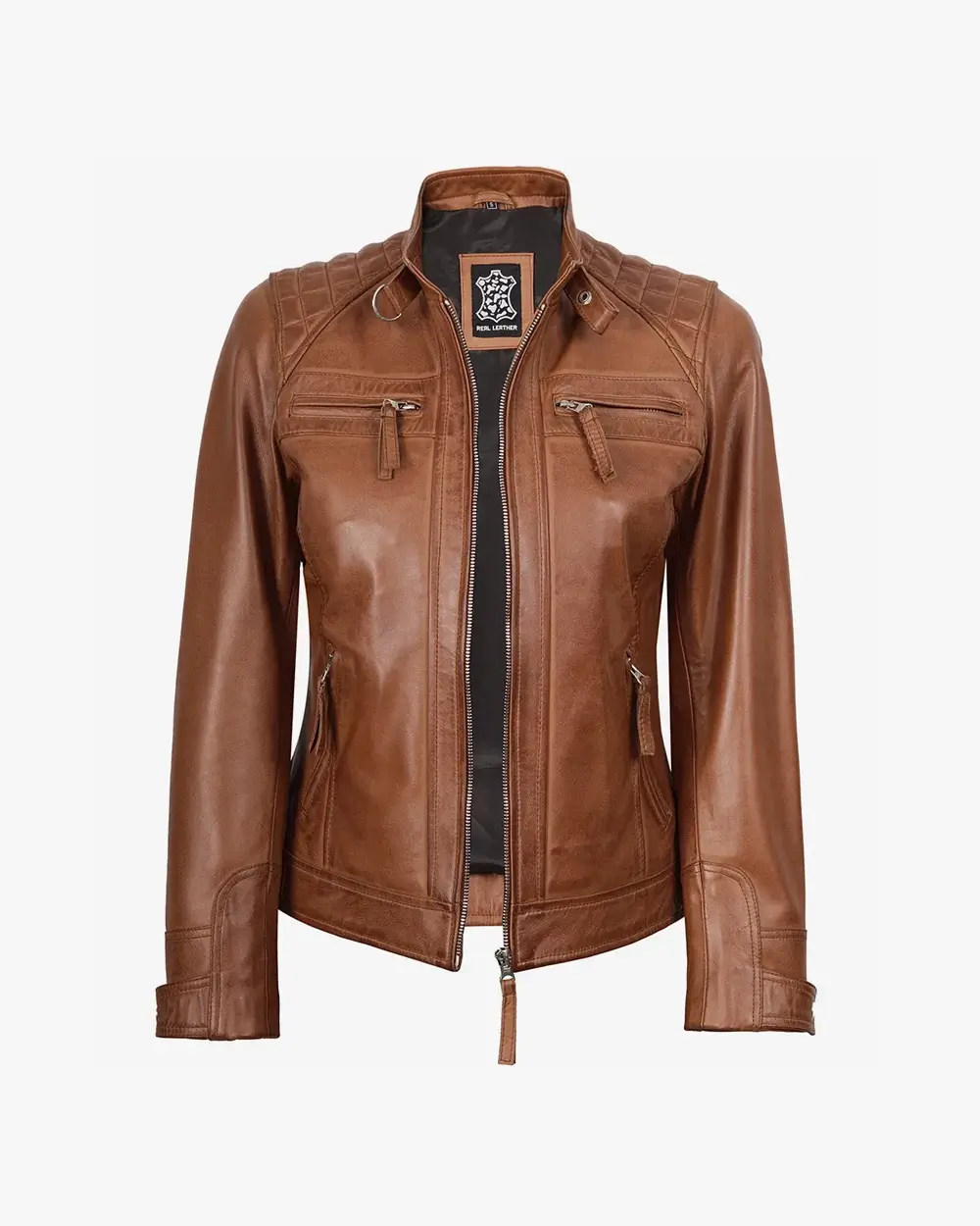 Womens Real Lambskin Leather Tan Quilted Biker Style Jacket - Image 2