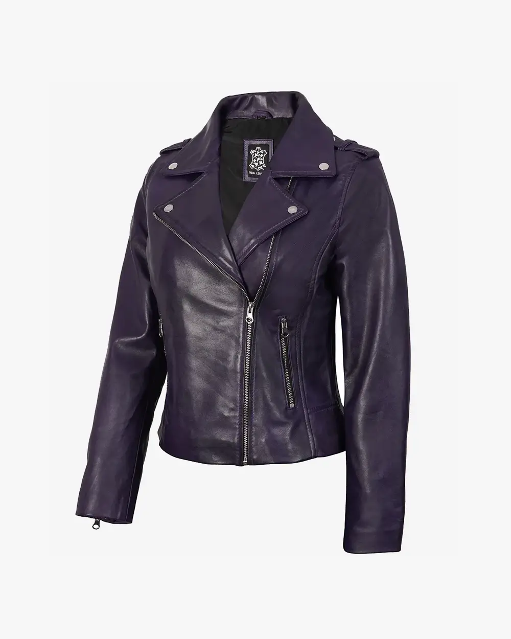 Women's Lambskin Asymmetrical Purple Biker Style Jacket - Image 3