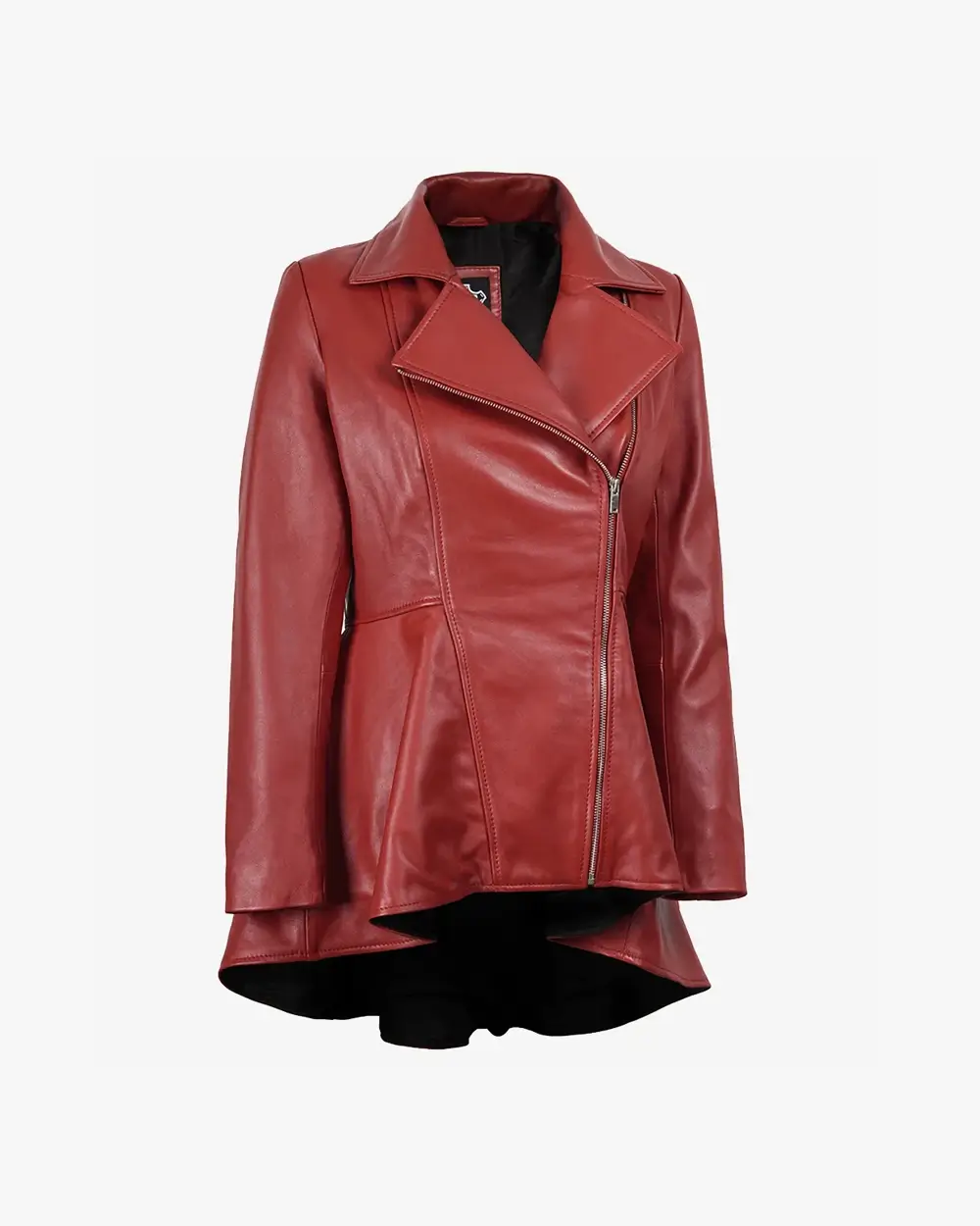 Women's Red Leather Peplum Jacket with Asymmetrical Zip Closure - Image 3