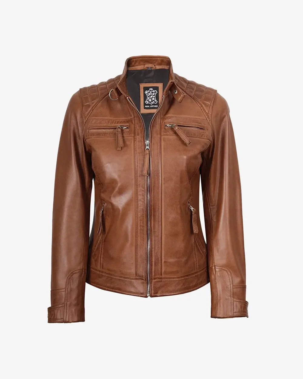 Womens Real Lambskin Leather Tan Quilted Biker Style Jacket - Image 3