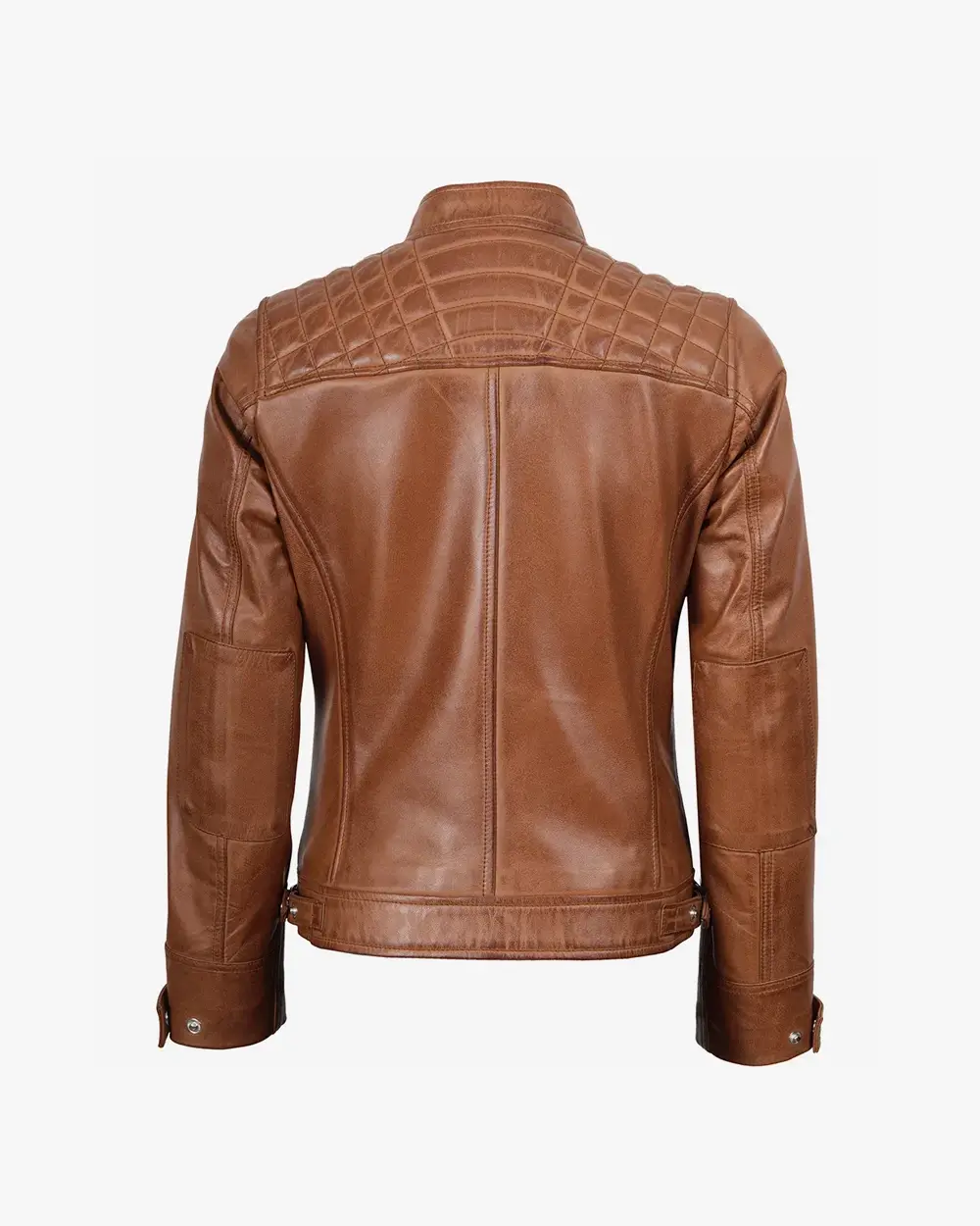 Womens Real Lambskin Leather Tan Quilted Biker Style Jacket - Image 4
