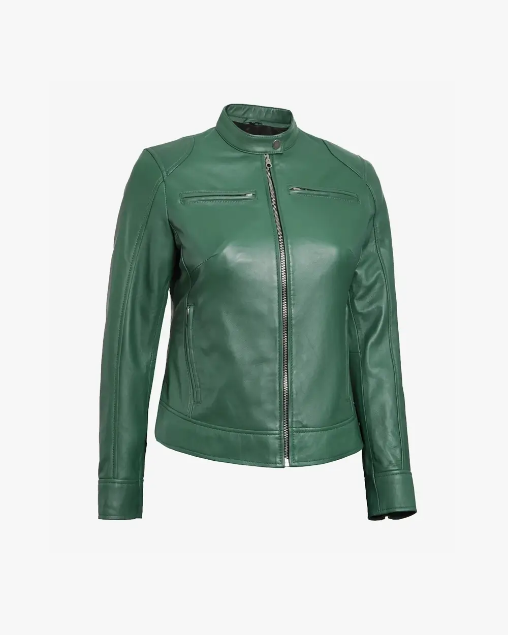 Women's Green Biker Style Leather Jacket - Image 4