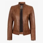 Women's Tan Waxed Slim Fit Biker Style Leather Jacket