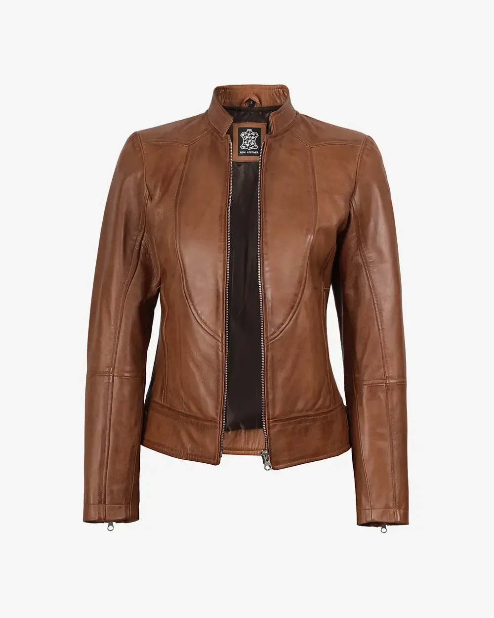Women's Tan Waxed Slim Fit Biker Style Leather Jacket
