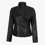 Women's Black Real Leather Jacket with Asymmetrical Zip Closure