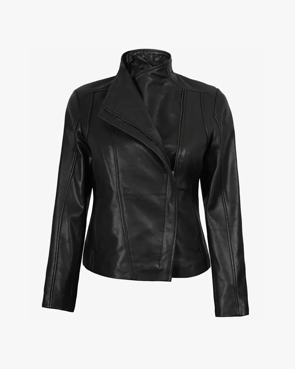 Women's Black Real Leather Jacket with Asymmetrical Zip Closure