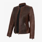 Womens Real Leather Cognac Textured Jacket - Biker Style