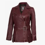 Women's Asymmetrical Maroon Belted Biker Style Leather Jacket