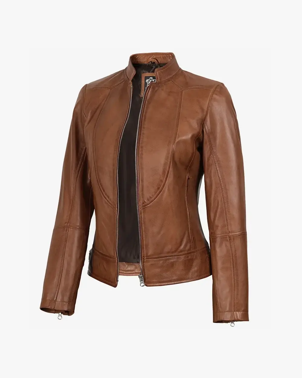 Women's Tan Waxed Slim Fit Biker Style Leather Jacket - Image 6