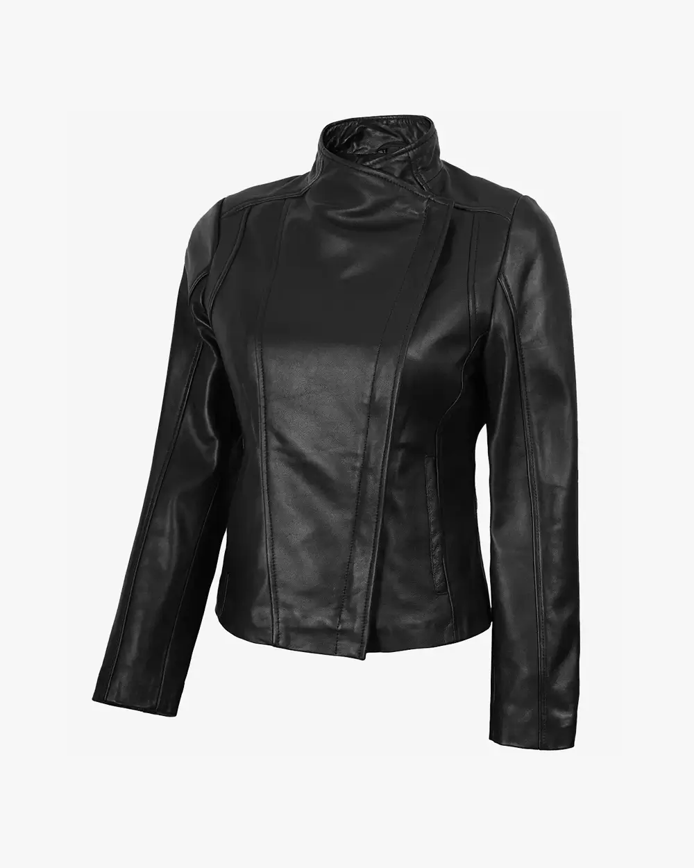 Women's Black Real Leather Jacket with Asymmetrical Zip Closure - Image 2