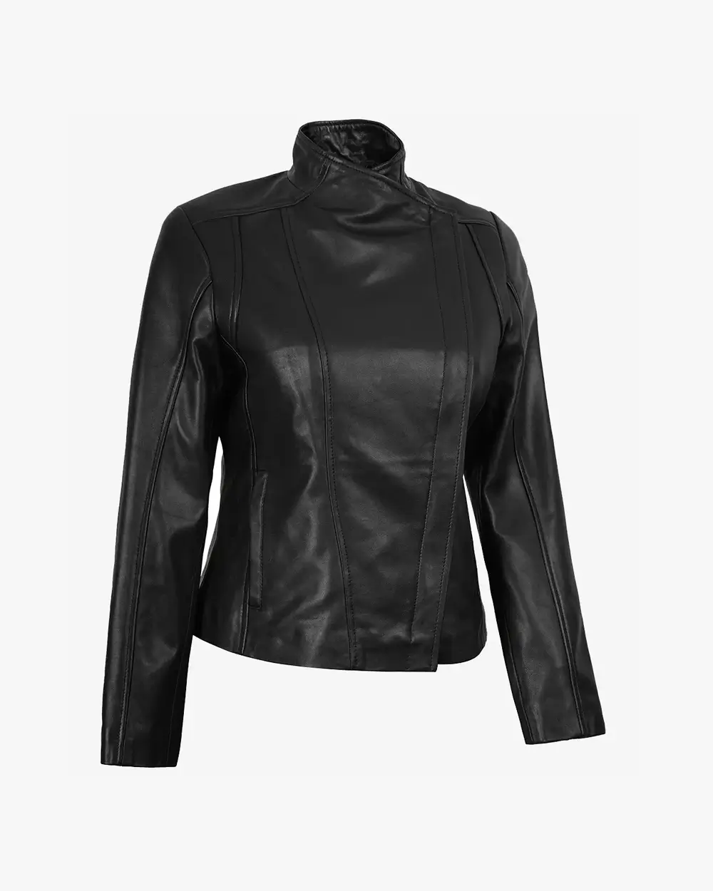 Women's Black Real Leather Jacket with Asymmetrical Zip Closure - Image 3