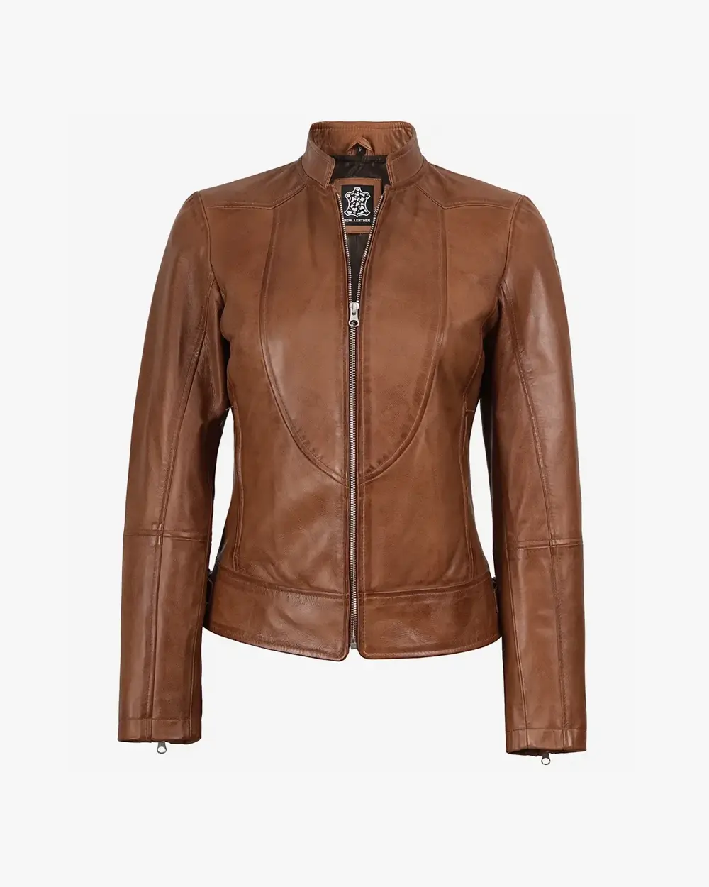 Women's Tan Waxed Slim Fit Biker Style Leather Jacket - Image 7